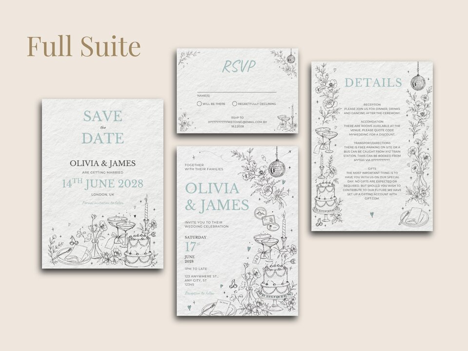 A full suite of four wedding stationery cards: Save the Date, RSVP, Details, and a main invitation, all with light blue line art illustrations.