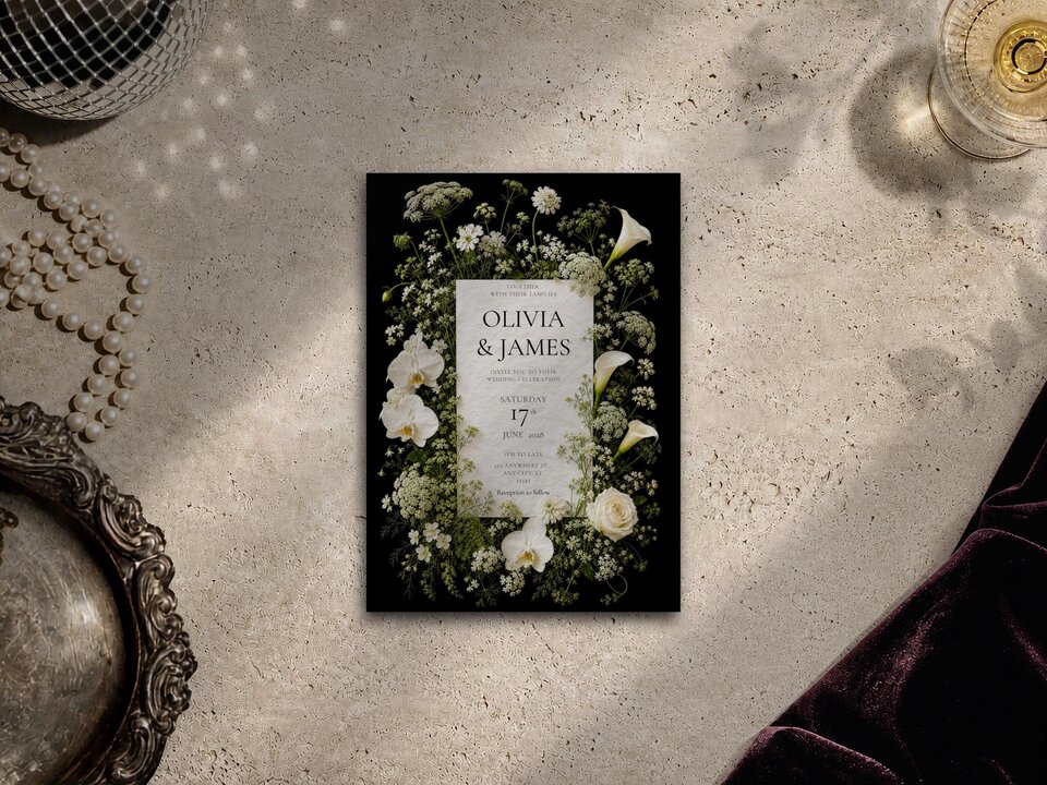 A centered wedding invitation with white florals on a black background, placed on a textured stone surface with props.