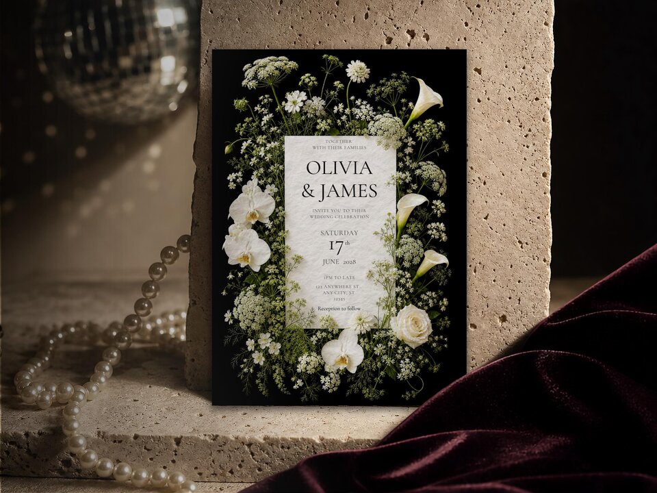 A vertical wedding invitation featuring black paper bordered by white flowers and orchids against a textured background.