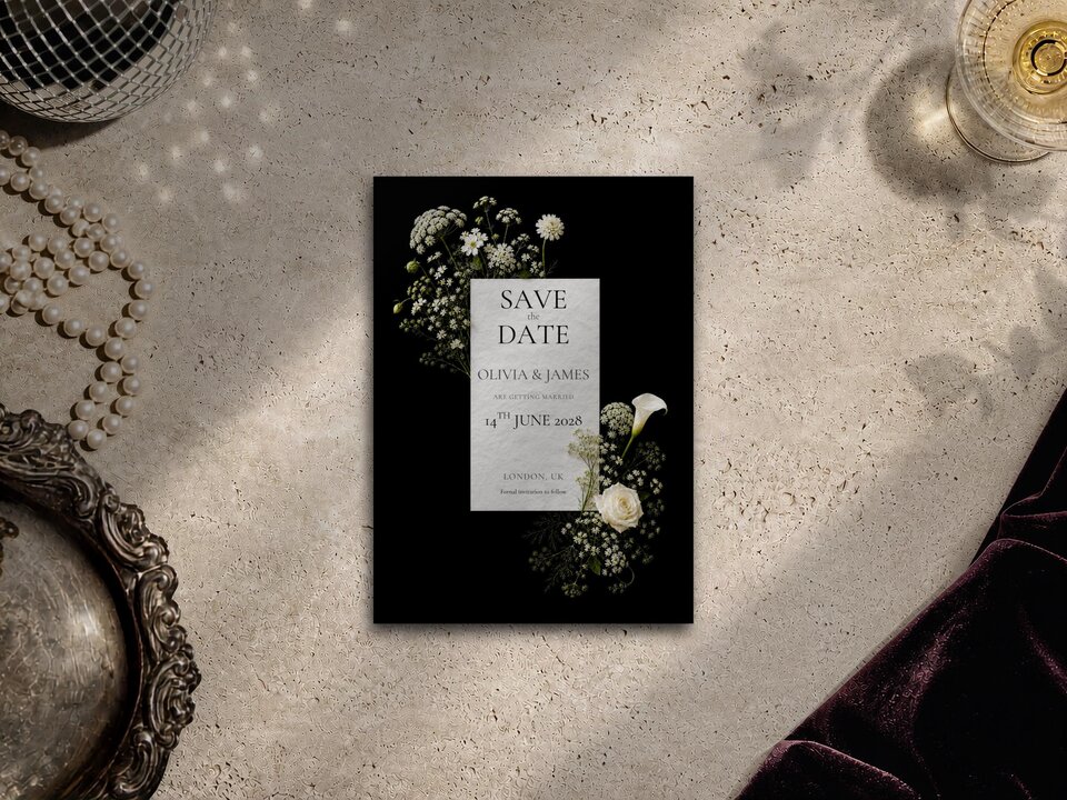 A save-the-date card featuring white botanical illustrations on a black background, displayed on a textured tabletop.