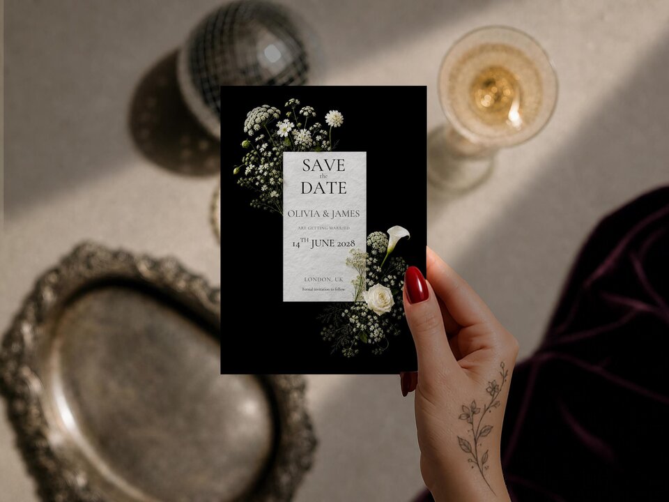 White floral save the date template shown on a grey surface with editorial flower artwork, pearl necklace and silver tray. Flowers include White daisies, calla lilies, Queen Anne’s lace, roses and greenery in a wild meadow style