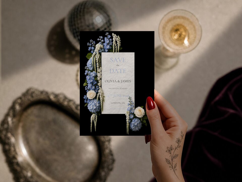 A hand holds a save the date card with blue and white flowers against a black background, with decorative items on the table nearby.