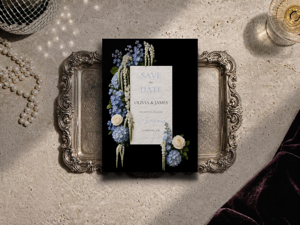 A save the date card is displayed inside a decorative silver tray on a textured stone background.