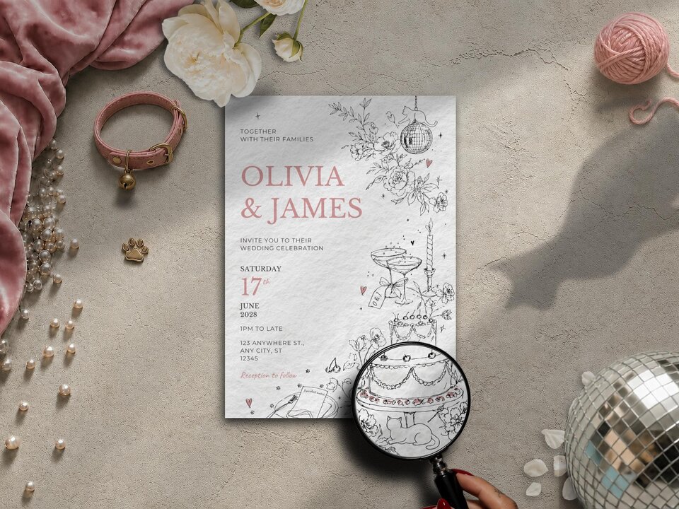 A wedding invitation with pink text and black line art illustrations of flowers, a disco ball, a cake, and champagne glasses, with a magnifying glass held over a cat illustration on the cake.