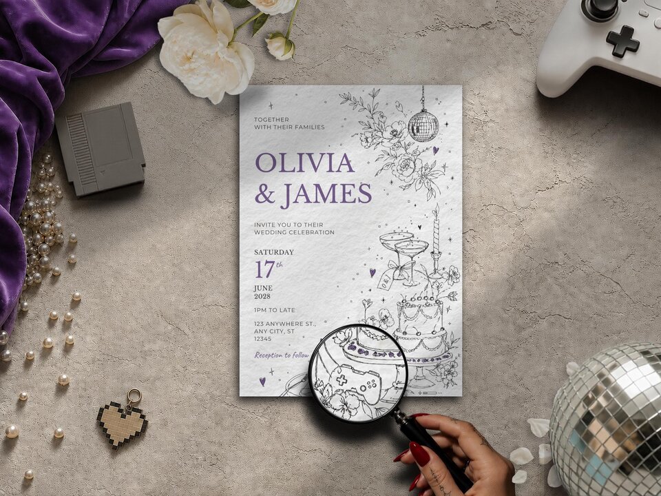 A wedding invitation with purple text and line art illustrations, including a cake, disco ball, and game controller, is magnified by a hand-held loupe.