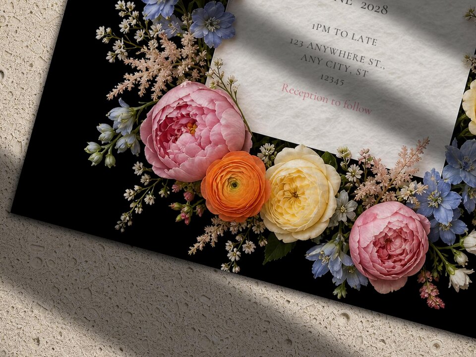 Close up view of colorful pastel flowers framing a wedding invitation template on a black background.