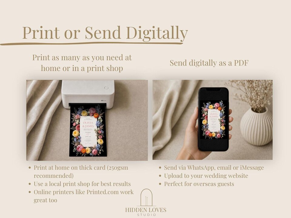 Informational slide titled Print or Send Digitally showing a home printer printing the invite and a phone displaying the digital version.