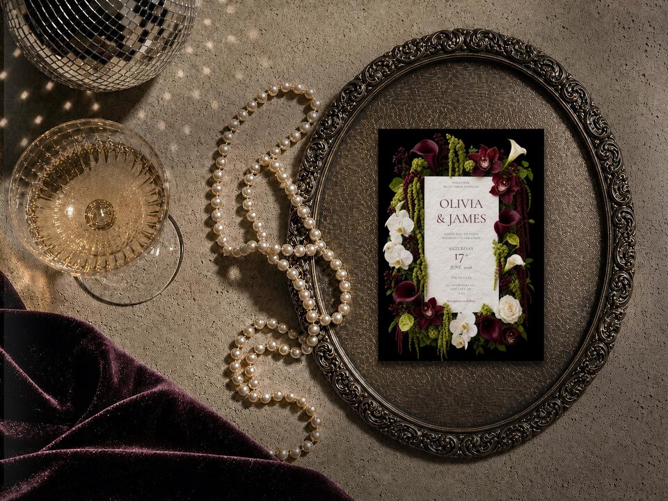 The wedding invitation template is centered inside an ornate vintage oval frame on a stone table next to a string of pearls and a glass of champagne.
