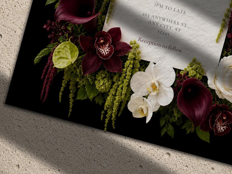 Close-up of the wedding invitation card highlighting the detailed texture of the white paper and the rich dark flowers including orchids and calla lilies.