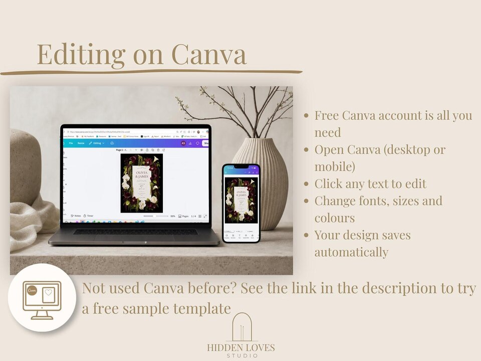 Informational graphic showing a laptop and smartphone displaying the Canva editing interface with instructions on how to customize the template.