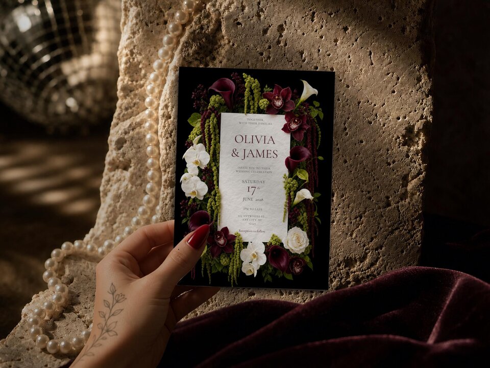 A hand holds the wedding invitation template decorated with dark red and white flowers against a textured stone backdrop with draped pearls.