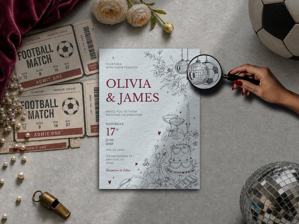 Elegant football wedding invitation featuring illustrated matchday details, a personalised football scarf, hidden design elements and an editorial layout editable in Canva.