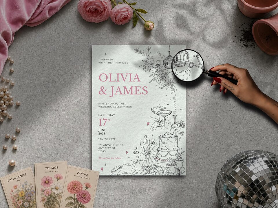 Elegant gardening wedding invitation featuring illustrated botanical details, a watering can beside a disco ball, plant pots, gardening tools and personalised elements within an editorial wedding design editable in Canva.