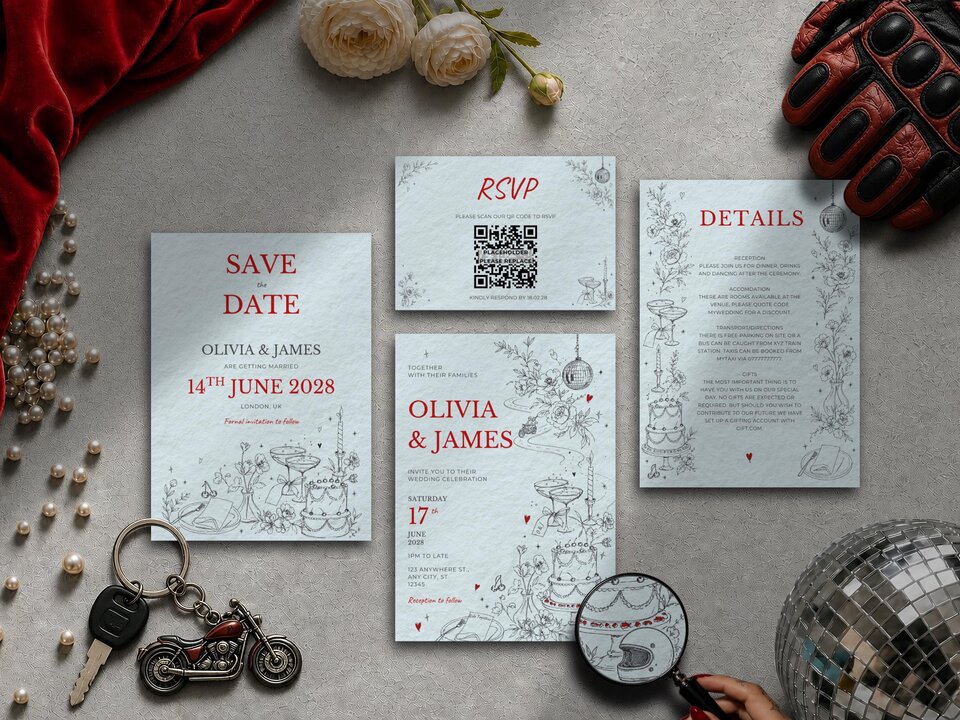 Illustrated wedding invitation suite featuring hidden road trip details including a winding road through the design, a couple travelling on a motorbike, a motorbike helmet beside the wedding cake and personalised initials on champagne coupes.