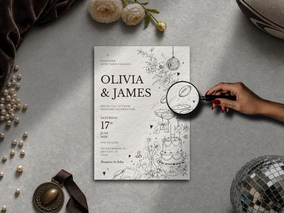 Illustrated wedding invitation featuring hidden match day details including a rugby ball flying above personalised champagne coupes, rugby goal posts as a wedding cake topper and a Perfect Try menu card.
