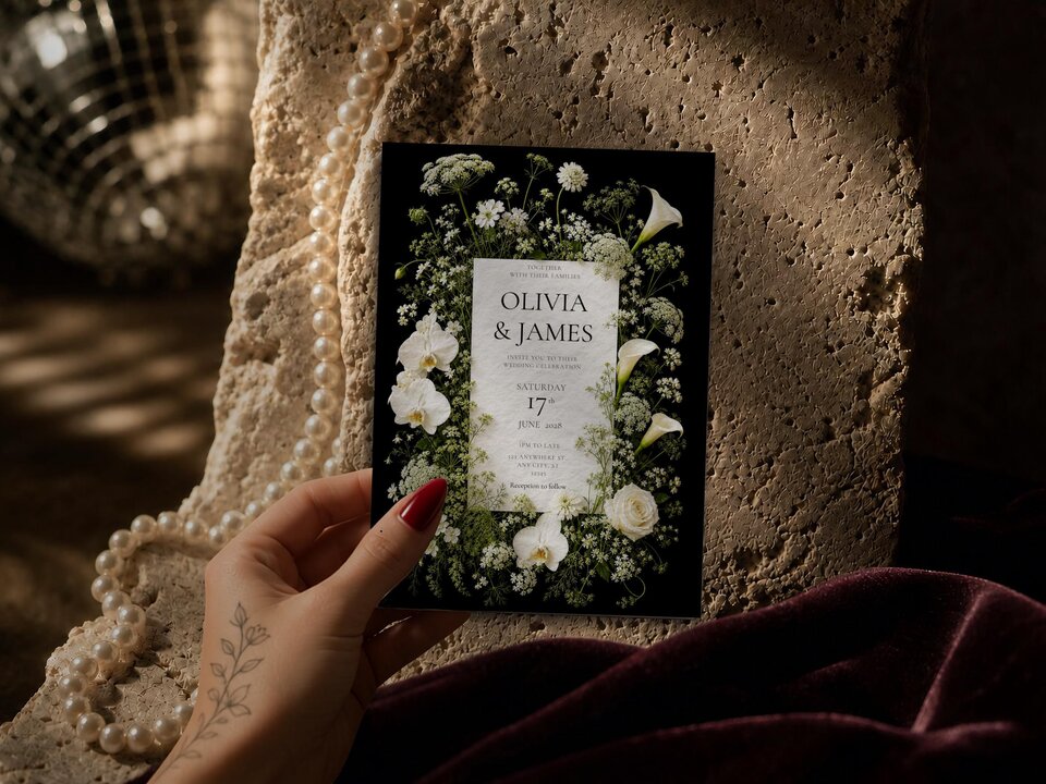 A hand with red nail polish and a floral tattoo holds up a black and white floral wedding invitation.