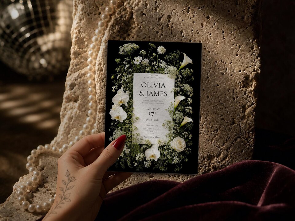 A hand holds a dark floral wedding invitation card against a textured stone backdrop with pearls and a velvet drape.
