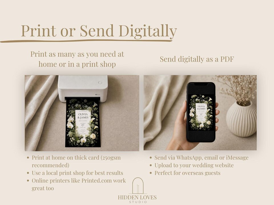 An infographic detailing printing and digital sharing options for the invitation template with photos of a printer and a phone.