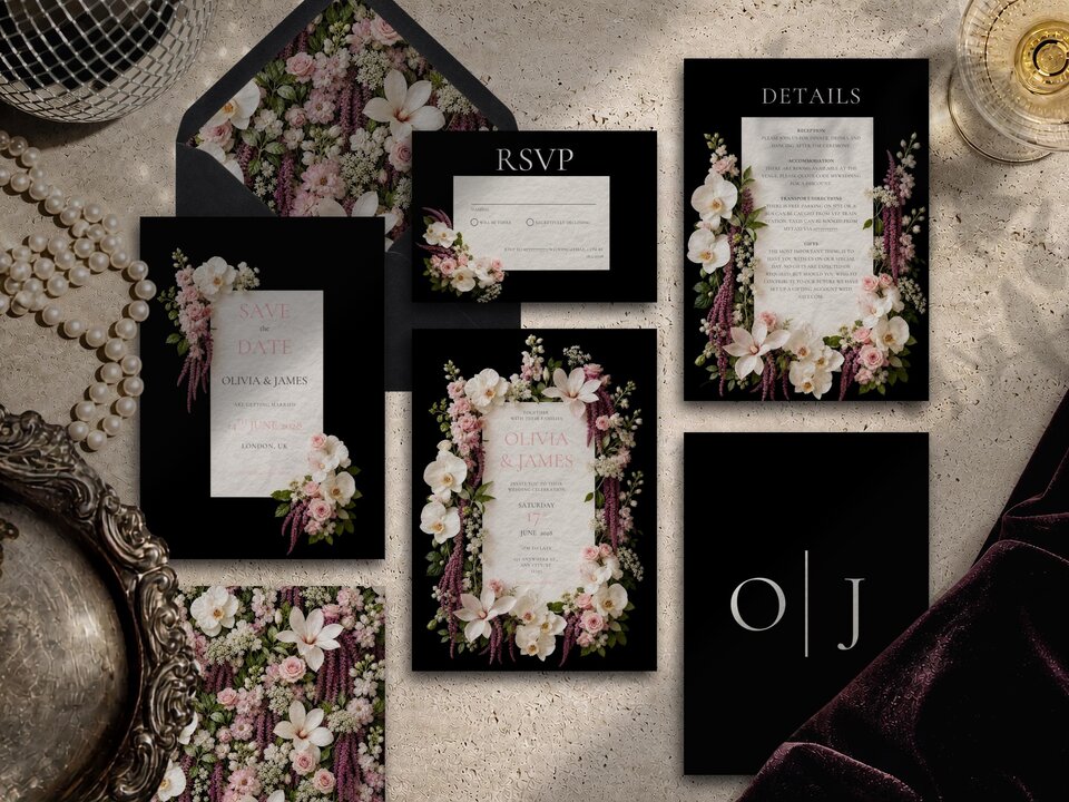 Blush pink floral wedding invitation suite with blush roses, white orchids, magnolia blooms, Queen Anne’s lace and cascading amaranthus against a dramatic black background.