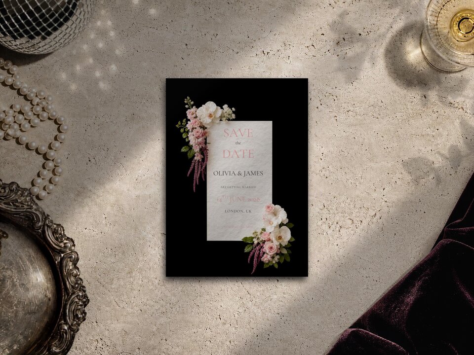 Blush pink floral save the date featuring blush pink roses, white phalaenopsis orchids, magnolia blooms, Queen Anne's lace and cascading amaranthus on a dramatic black background.