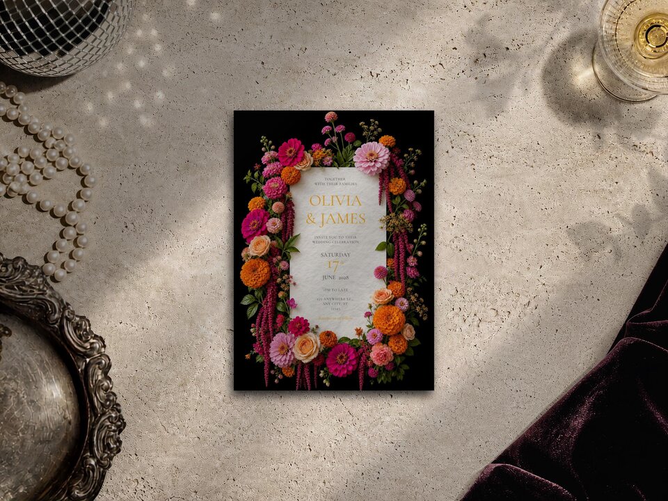 wedding invitation,digital download,canva template,flower invite,floral wedding,orange marigolds,pink fuchsia zinnias,bengali gaye holud,hindu genda,dark moody floral,gothic romance,tropical florals,colourful blooms