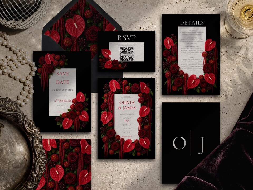 Red floral wedding invitation suite featuring red anthuriums, crimson roses, burgundy hydrangeas and cascading red amaranthus surrounding elegant wedding stationery on a dramatic black background.
