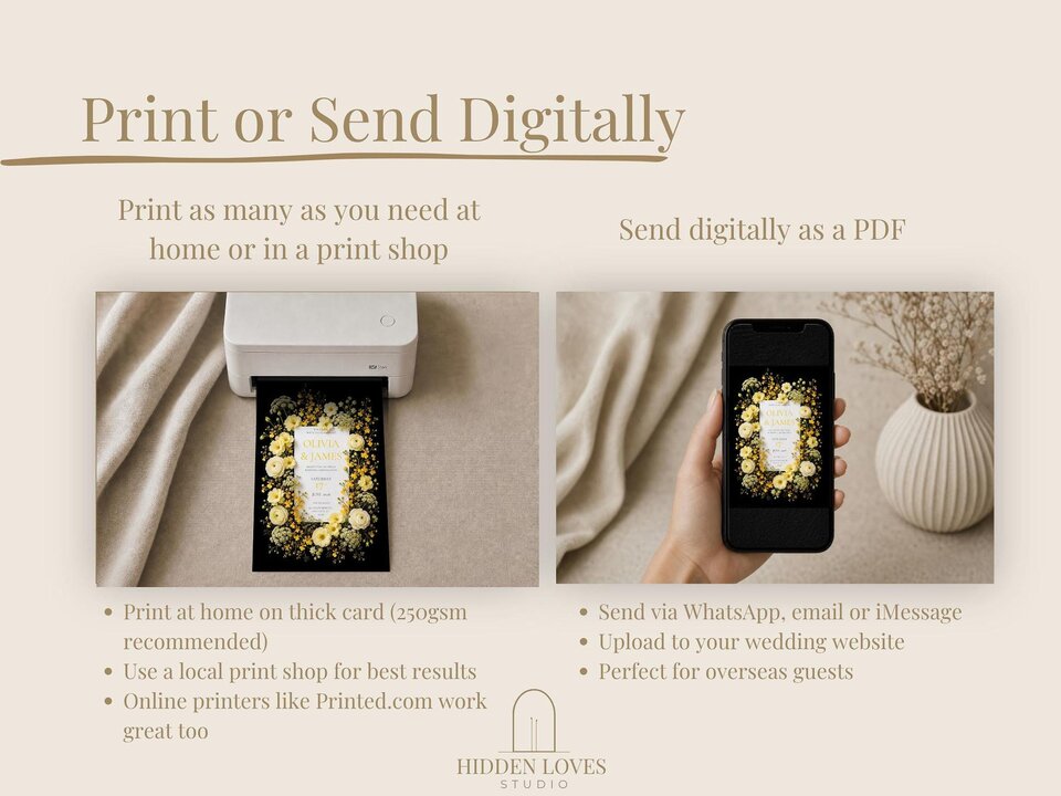 Informational graphic titled Print or Send Digitally showing a home printer printing the invitation and a hand holding a phone displaying it.