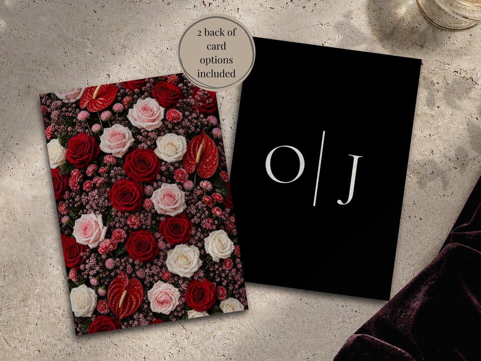 Two wedding invitation cards displayed on a textured surface, one featuring a dense pattern of red and pink flowers and the other a black card with white monogram letters O and J.