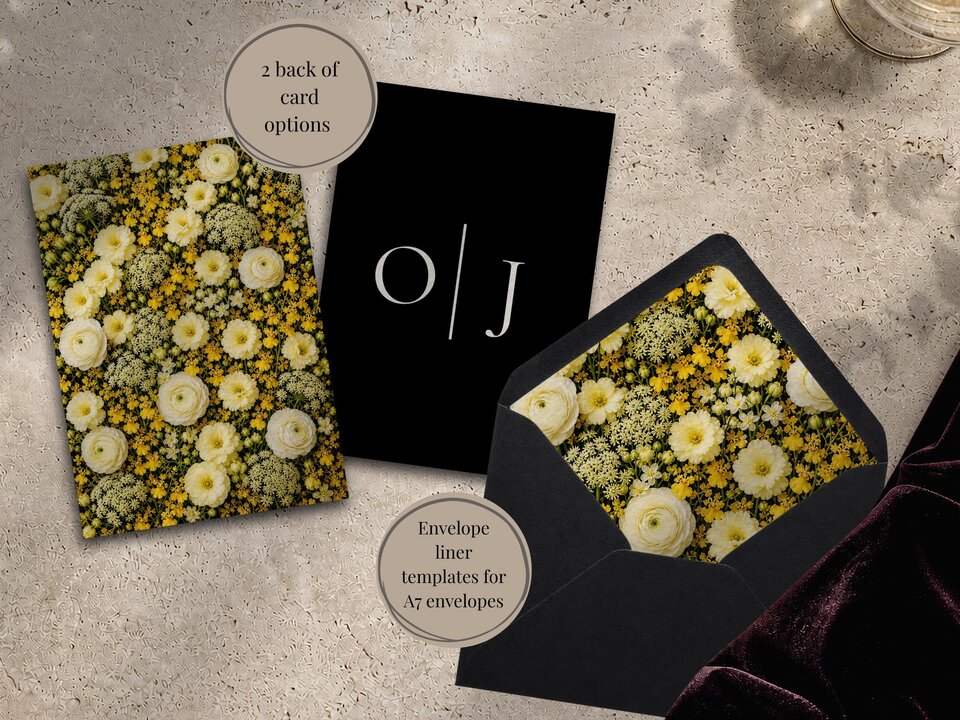 Stationery items including a yellow floral pattern card, a black card with monogram initials, and a black envelope with a matching floral liner.