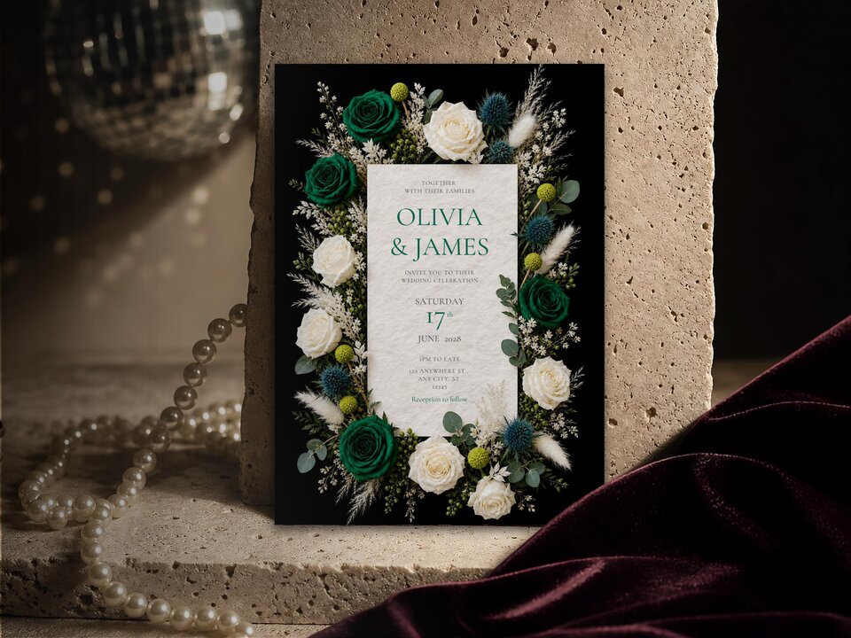 A black wedding invitation card featuring a white central panel framed by emerald green roses and blue thistle.