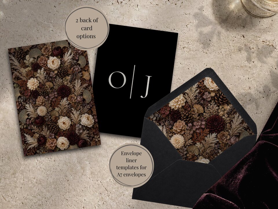 A card with a dense brown floral pattern, a black card with white monogram letters O and J, and an open black envelope with a floral liner.