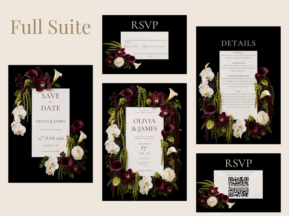 A display of the full wedding suite showing a save the date, invitation, details card, and two RSVP card options featuring dark moody florals on black backgrounds.