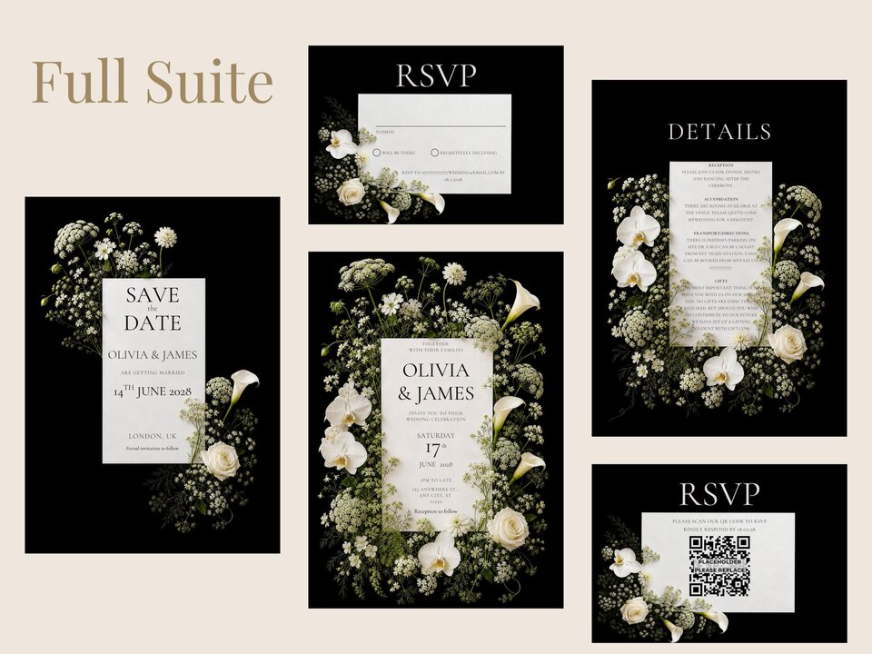 A digital display of the full wedding invitation suite featuring dark backgrounds and white floral borders on all cards.