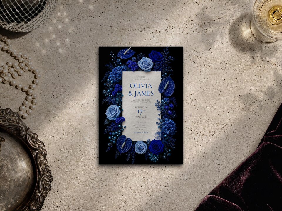 Flat lay of the wedding invitation card surrounded by a string of pearls, a decorative tray, and a glass of champagne on a stone table.