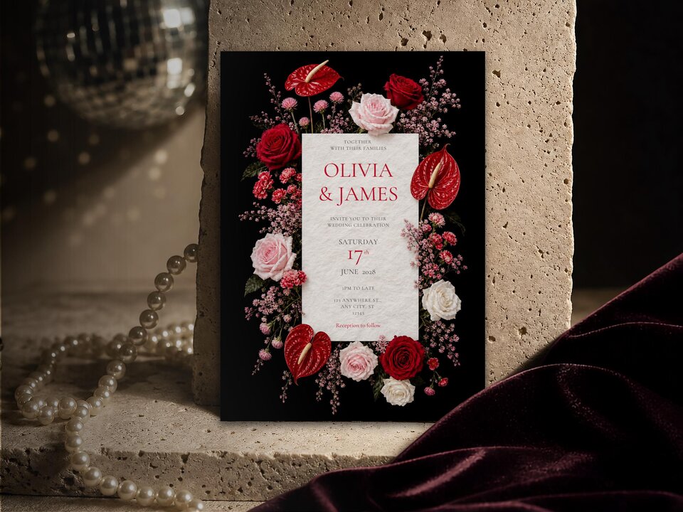 A black wedding invitation card with red and pink flower illustrations is displayed vertically against a neutral stone surface.