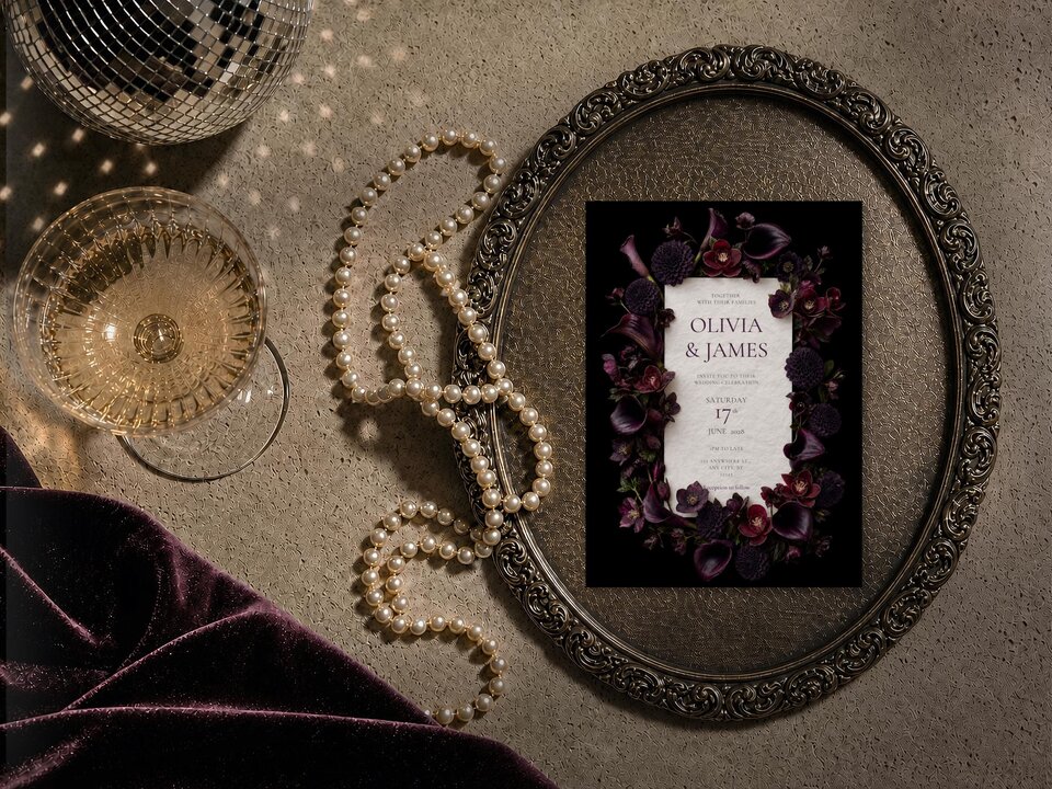 A wedding invitation placed inside an ornate dark metal frame alongside pearls, champagne, and velvet fabric.