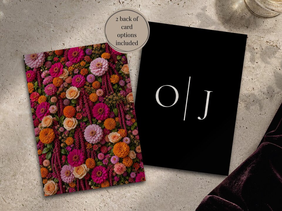 Two cards showing the front with a floral pattern and the back with the initials O and J in white on a black background.