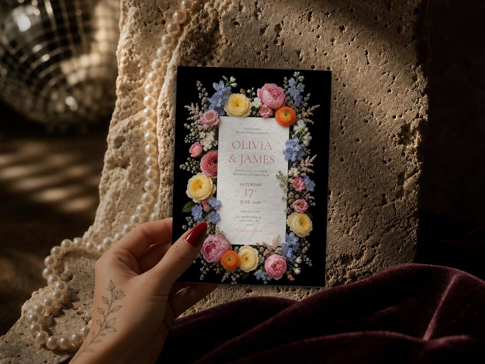 A hand with a floral tattoo holds up a black and white floral wedding invitation template in front of a stone prop.