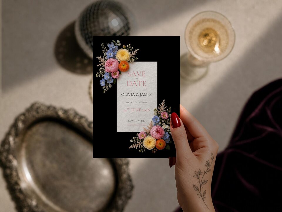 A hand holding a save-the-date card with black background and pastel floral clusters, on a tabletop with a champagne glass and a silver tray.