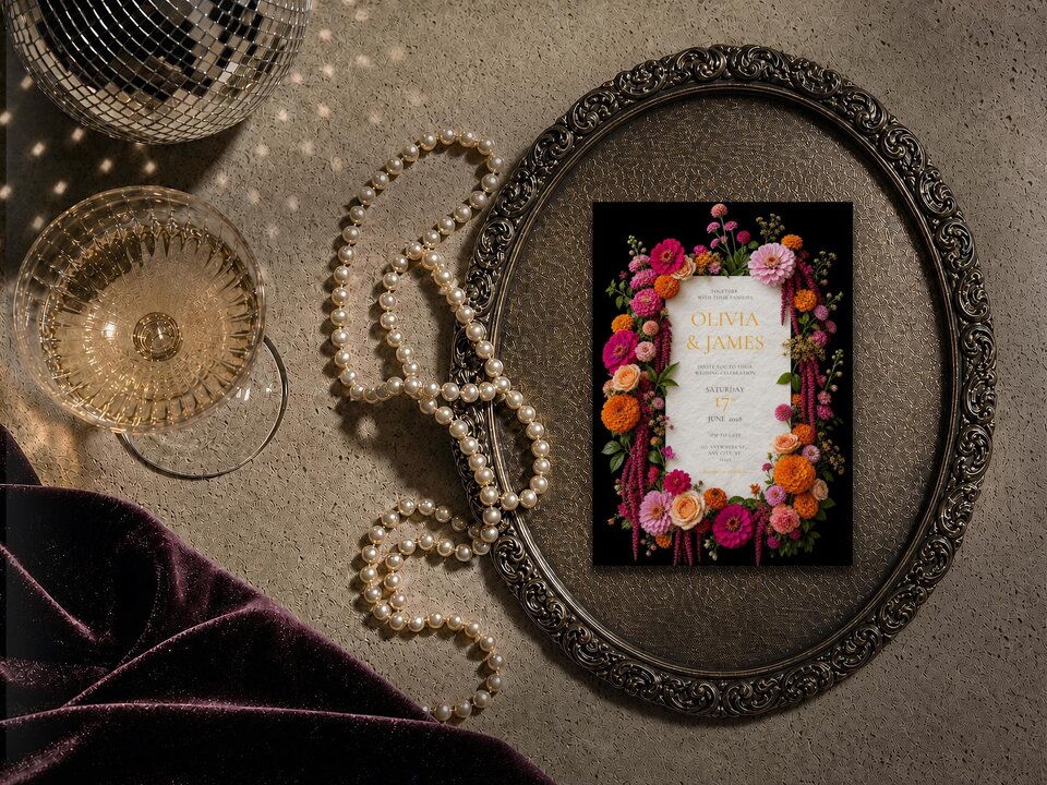Framed wedding invitation surrounded by a string of pearls, glass of champagne, and a disco ball.