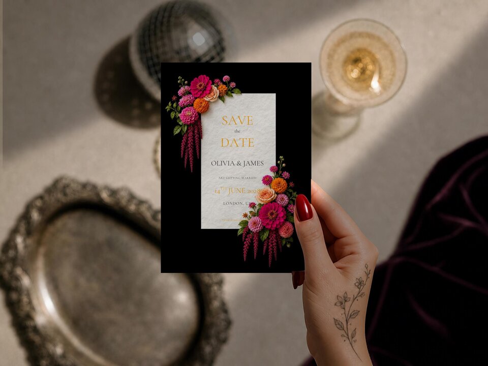 Hand with floral tattoo holding a save the date card next to a silver tray and glass.