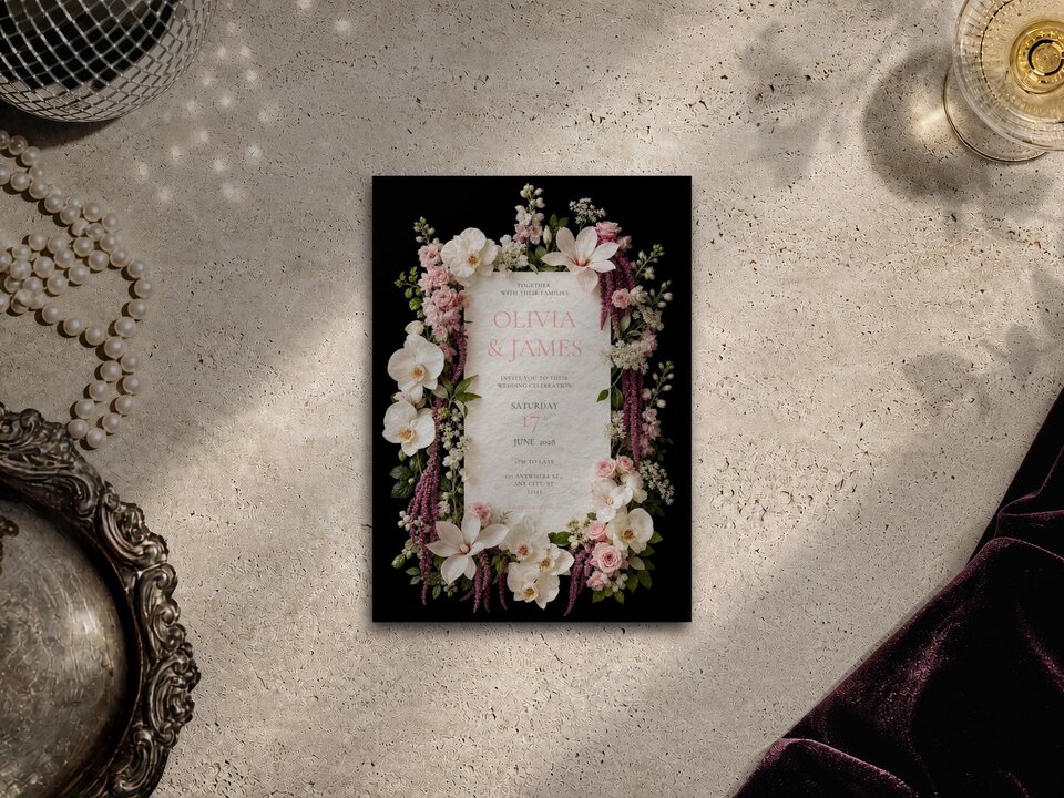 Flat lay of a floral wedding invitation on a textured surface with pearls and a decorative tray.