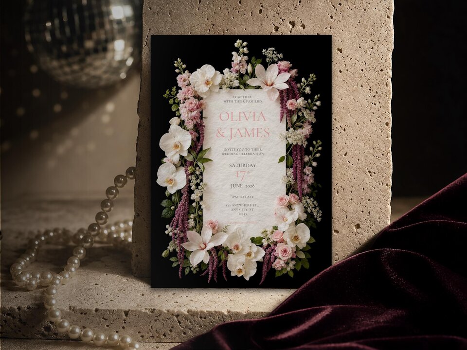 A vertical wedding invitation template on a black background framed by floral illustrations of white orchids and pink roses, propped on a textured stone surface with pearls and a disco ball nearby.