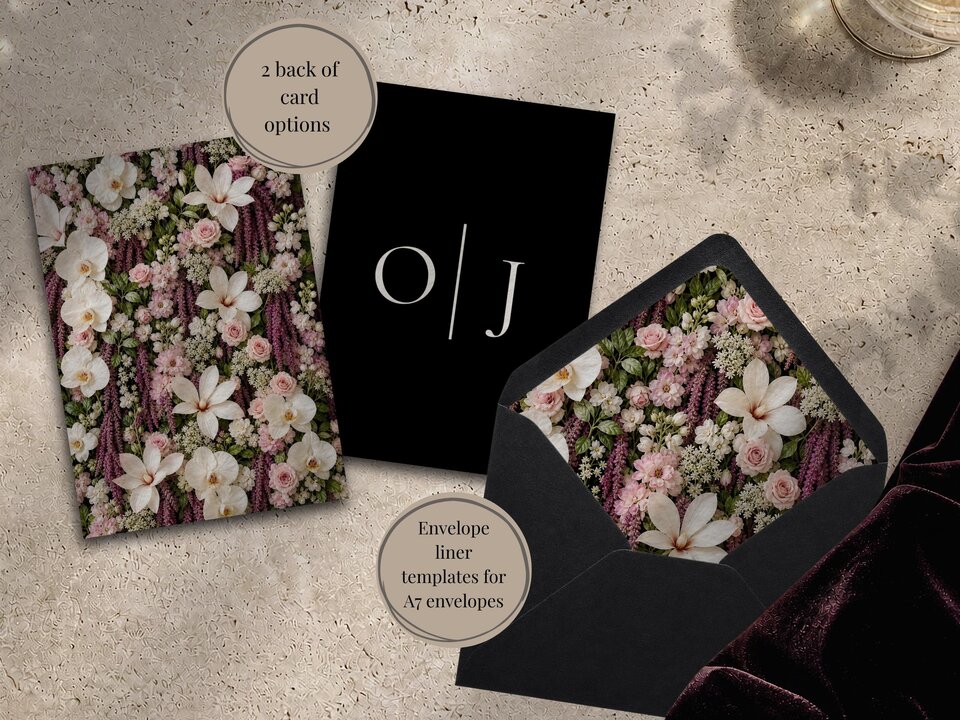 A wedding invitation card design showing a dense floral pattern of white orchids, blush roses, and pink filler flowers alongside a black card featuring the letters O and J.