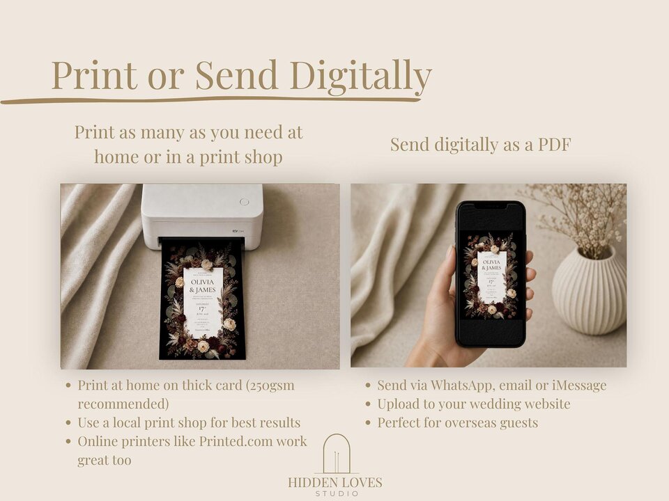 Two photos demonstrating options to print the wedding invite on a small printer or send it digitally via a smartphone held in a hand.