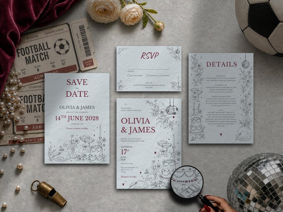 Elegant football wedding invitation suite featuring illustrated matchday details, a personalised football scarf, hidden design elements and matching editorial wedding stationery editable in Canva.