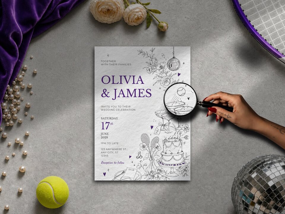Elegant tennis wedding invitation featuring illustrated courtside details, tennis-inspired elements, personalised touches and an editorial wedding design editable in Canva.