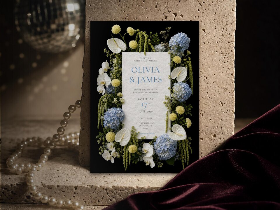 Upright wedding invitation card with blue and yellow floral borders displayed against a textured stone backdrop.