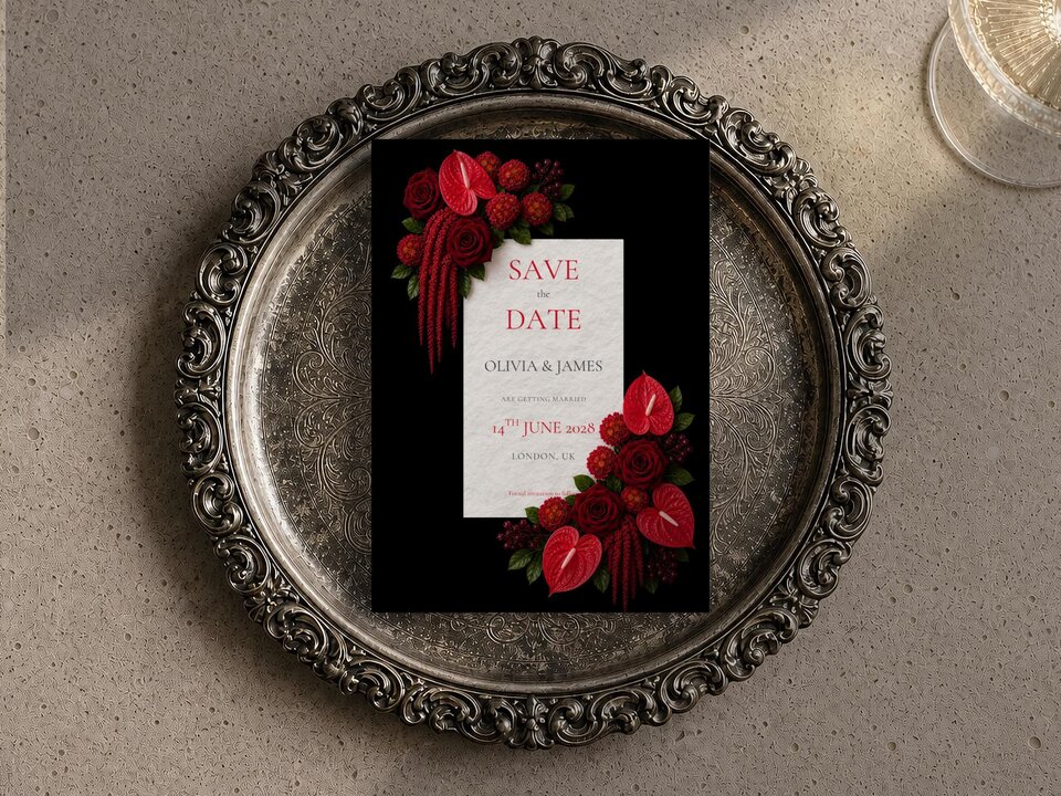 A save the date card featuring red floral corner accents centered inside a decorative antique silver tray on a textured surface.