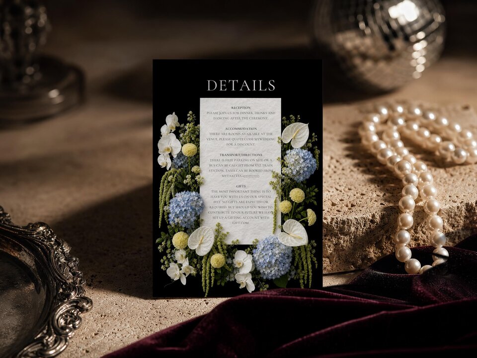 Details card for a wedding on a black background with blue, white, and yellow floral borders, resting on a textured surface near pearls.